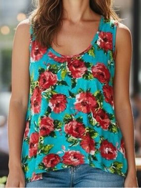 Absolute Angel Teal Floral Rose Print Tank Top Medium